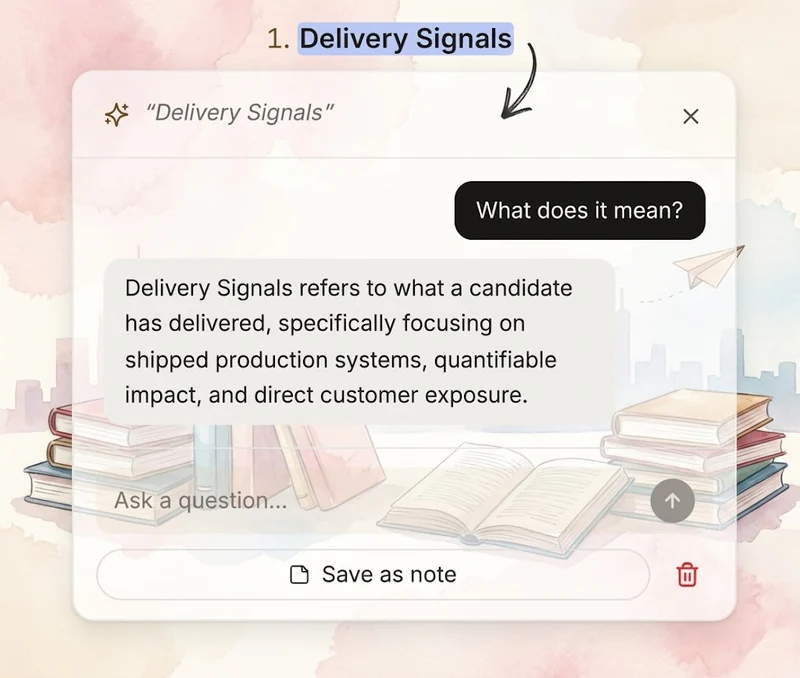 BrainyKit screenshot: “Delivery Signals” selected in an answer, with the ask-on-the-spot popup open explaining just that passage