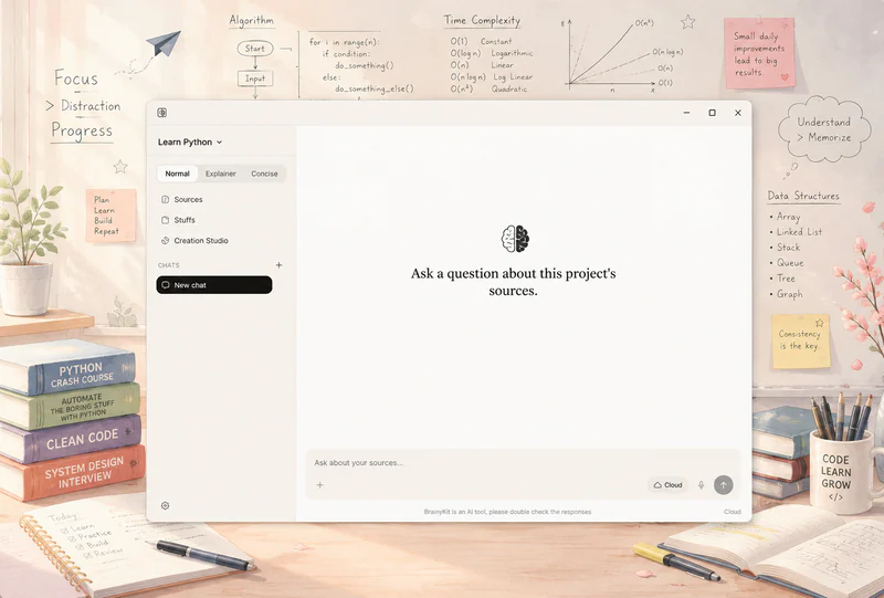 BrainyKit desktop app: a project window with its sources listed on the left and a prompt reading “Ask a question about this project’s sources” in the center