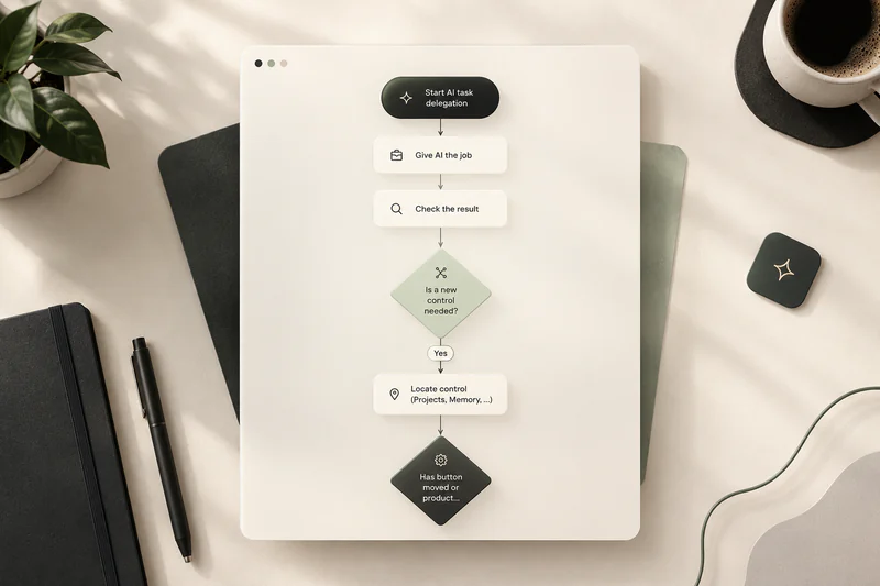BrainyKit screenshot: a flowchart that starts at “Start AI task delegation” and runs through steps and decision diamonds such as “Is a new control needed?”