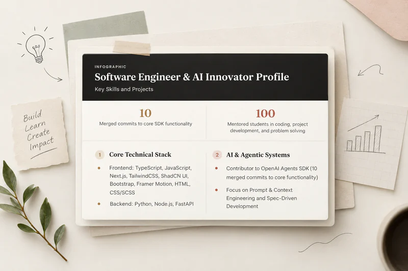 BrainyKit screenshot: an Infographic titled “Software Engineer & AI Innovator Profile” with two headline stats and two sections, Core Technical Stack and AI & Agentic Systems