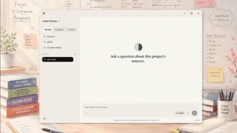 BrainyKit desktop app: a project window with its sources listed on the left and a prompt reading “Ask a question about this project’s sources” in the center