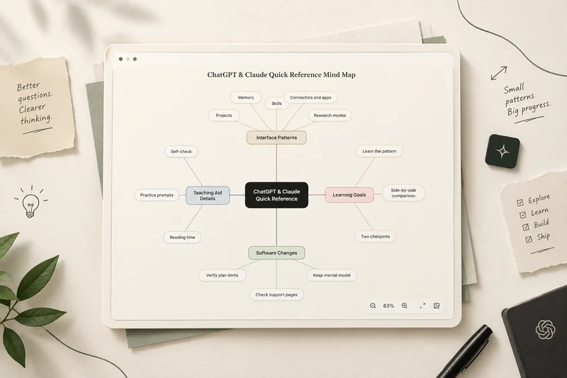 BrainyKit screenshot: a mind map titled “ChatGPT & Claude Quick Reference” with four colored branches (Interface Patterns, Teaching Aid Details, Learning Goals, Software Changes) and zoom controls